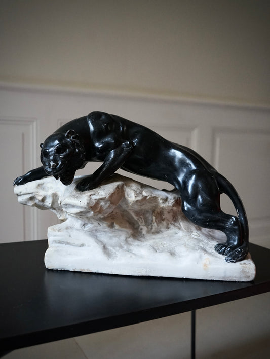 Panthére noire rugissant sur une crête.